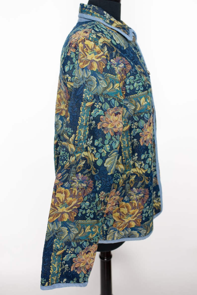 Vintage 90s Tapestry Blazer Jacket Top BFA Classics Blue Tan Brown Green Floral Button Up Retro 1990s Size XL