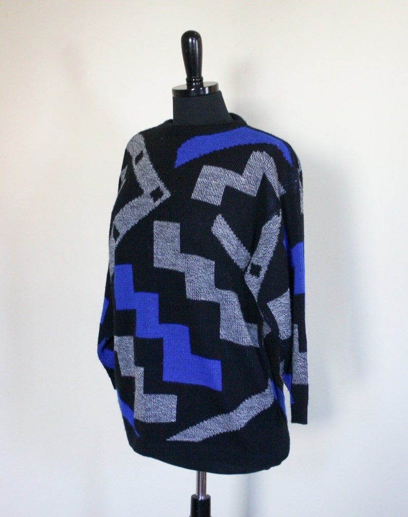 Vintage Blue Black and Grey Sweater 1980s Geometric South Knit - Etsy