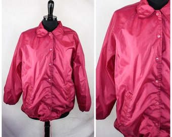 Vintage Pink Nylon Windbreaker Jacket Snap Front Cotton Lined Size L Retro 80s 90s