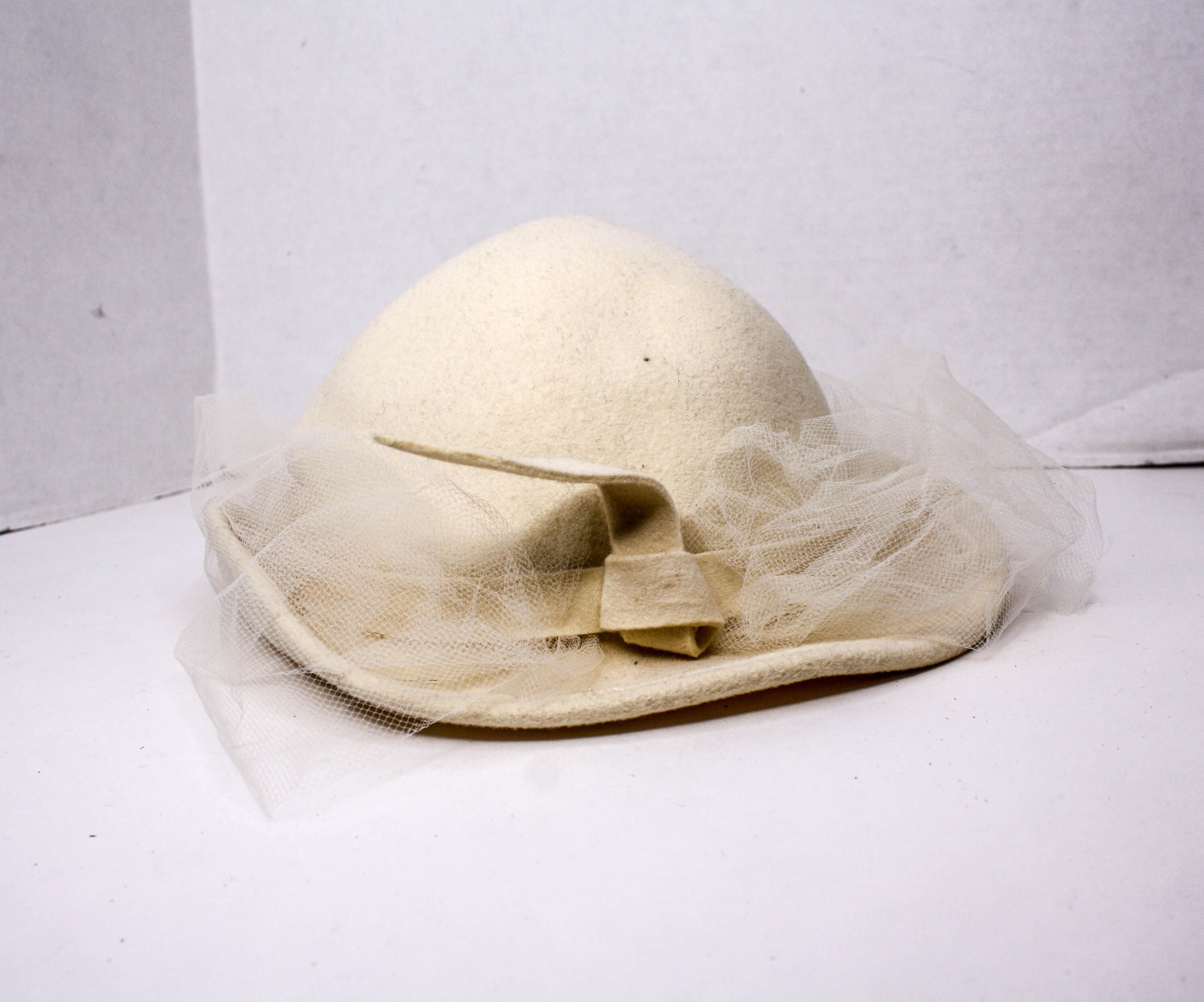 Vintage Hat Adolfo II Cream White Wool Net Veil Retro Formal