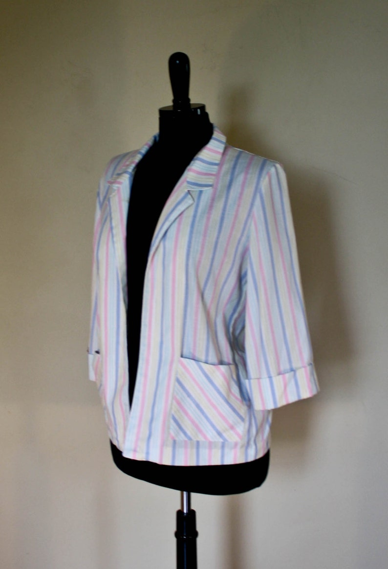 Vintage Pastel Rainbow Striped Blazer 1980s 34 Length Sleeve Candy Striped
