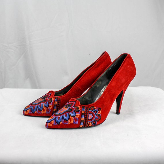 Vintage Red Suede Leather Embroidered Heels Zoe Stiletto Shoes - Etsy