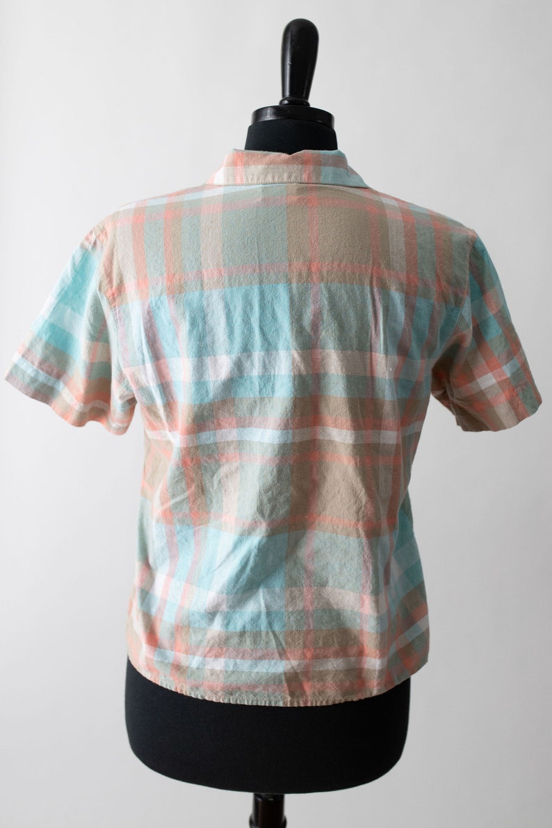 Vintage Suburban Petites Plaid Short Sleeved Button Up Top Orange Blue Teal Plaid