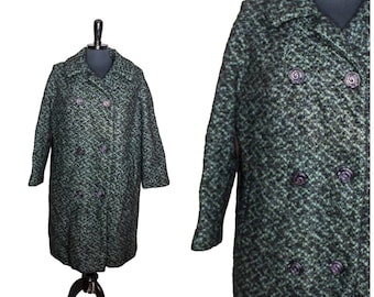 May include: A double-breasted green and black patterned wool coat with black buttons.