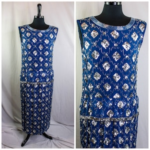 Judith Ann Creations Dress Silk Sequins Beads Sleeveless Blue Silver Size M