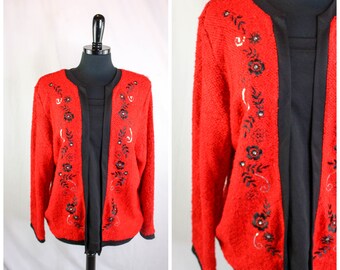 Vintage Cathy Daniels Sweater Red Black Embroidered Rhinestones Sequins Size XL Retro Sweater
