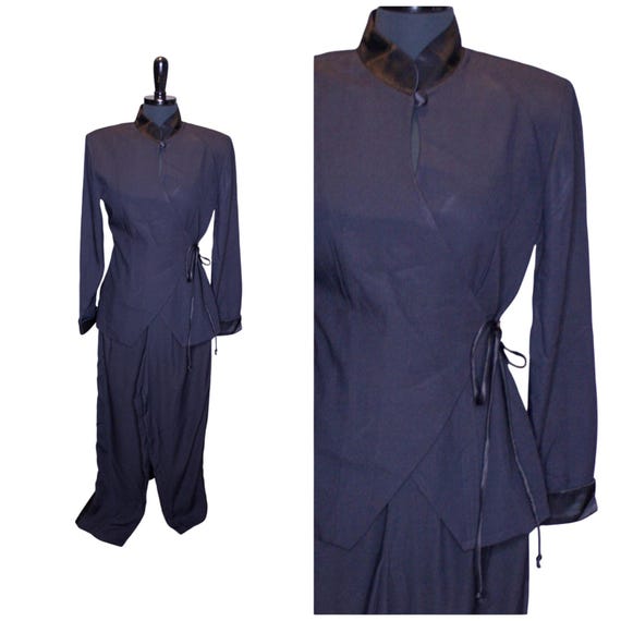 Vintage 80s 90s Panache Black Pant Suit Wrap Style Top Satin Trim