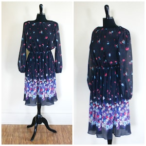 Vintage Black Flowered Dress Pleated Sheer 1970s