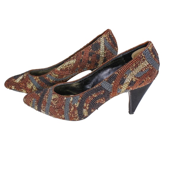 Vintage 80s J Renee Beaded High Heel Shoes Pumps Brown Gold