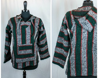 Vintage 90s Woven Baja Hoodie Striped Pullover Mexican Sweater Sweatshirt 1990s Grunge Red Green Grey Black