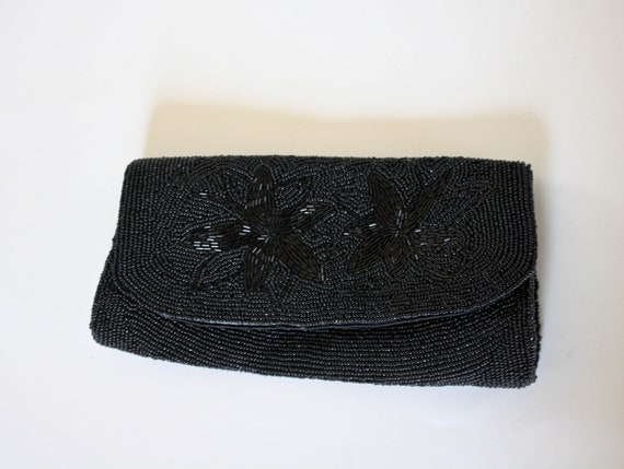 Vintage Black Beaded Clutch Purse Jill Empress Ha… - image 1