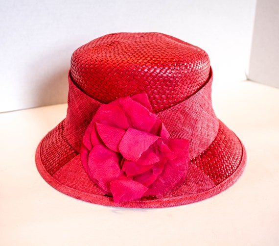 Vintage Pink Straw Hat Flower Timmy Woods Beverly… - image 1