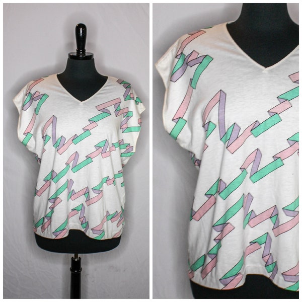 Vintage 80er Jahre Grafik T Shirt Court Casuals weiß rosa lila Aqua Größe L Retro 1980er Jahre
