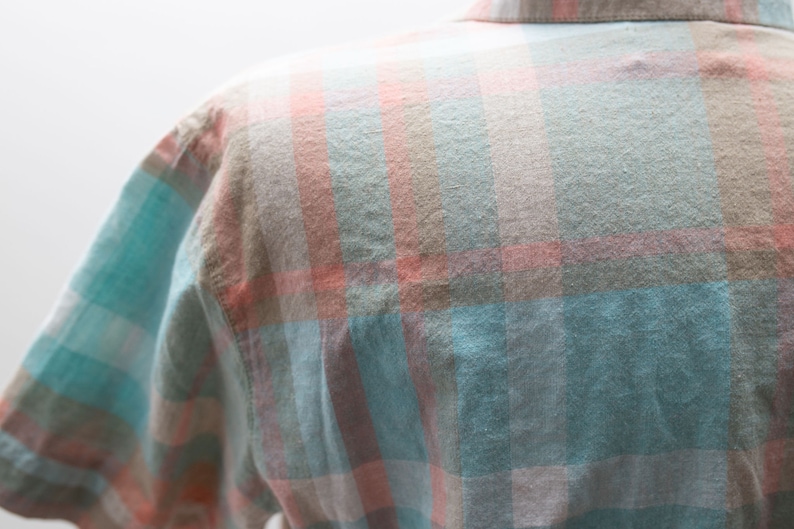 Vintage Suburban Petites Plaid Short Sleeved Button Up Top Orange Blue Teal Plaid