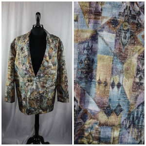 Vintage 80s Marnie West Blazer Geometric Print Blue Tan Yellow Slub Texture Weave Retro 1980s 1990s