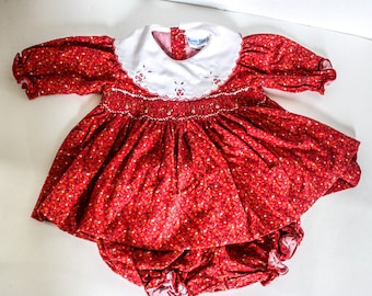 Vintage Rosey Kids Dress And Bloomers Set 3M Red Flowers Smocked White Collar Two Piece Matching Retro