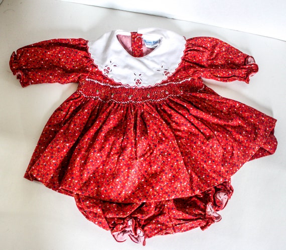 Vintage Rosey Kids Dress And Bloomers Set 3M Red Flowers Smocked White Collar Two Piece Matching Retro