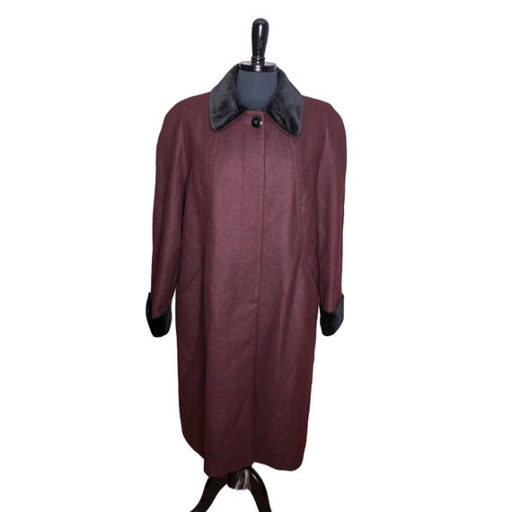 Vintage JP Long Wool Coat Brown Black Velvet Trim Size Retro 80s  
