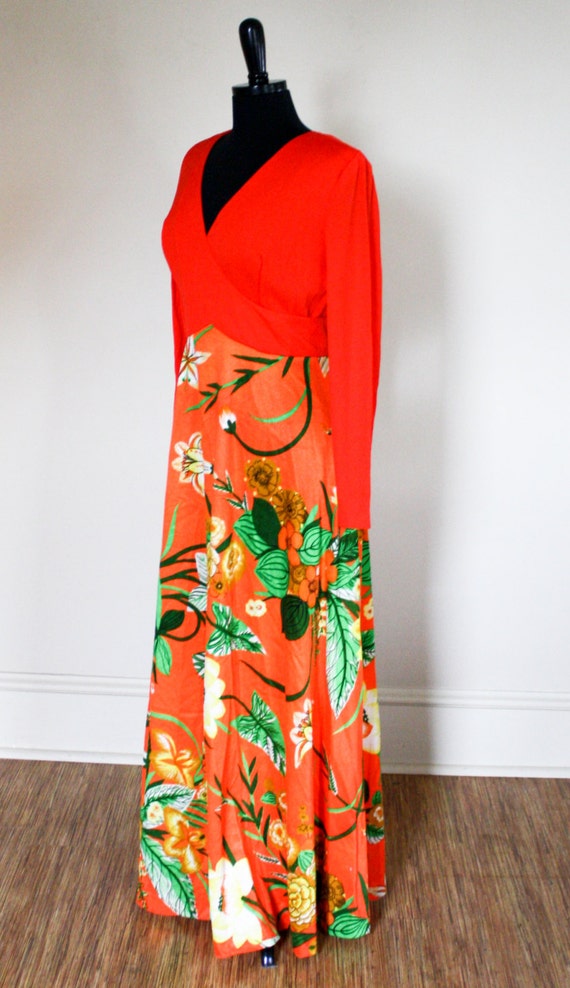 Vintage Orange Maxi Dress V Neck Tropical Flowers… - image 3