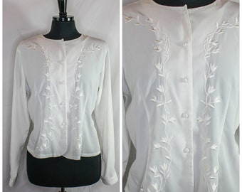 Vintage KB Lawrence Blouse Top White Embroidered Button Front