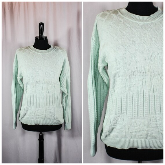 Vintage 1980s Keren Pastel Green Textured Knit Sw… - image 1