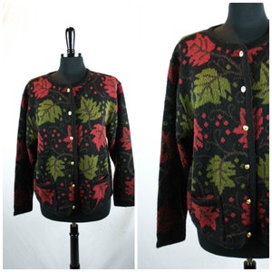 Vintage Crystal Kobe Cardigan Sweater Holiday Leaves Black Red Green Size L