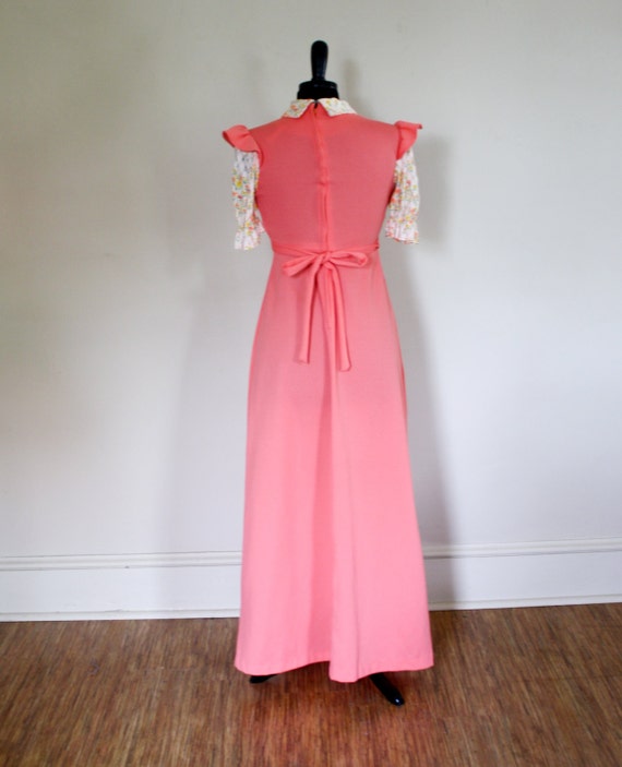 Vintage 1960s Maxi Dress Coral Peach Polyester Fl… - image 3