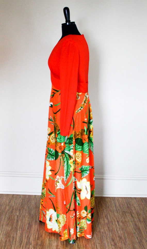 Vintage Orange Maxi Dress V Neck Tropical Flowers… - image 4