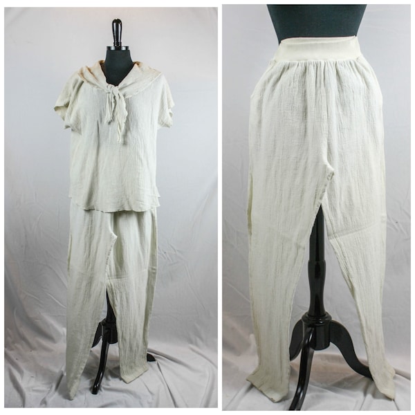 Vintage Normandy Cotton Top Pants Set Large Collar Lightweight Loungewear 70s 80s Retro