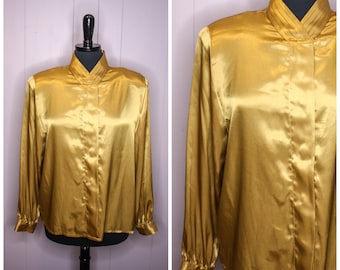 Vintage Metallic Gold Blouse Top Hasting And Smith Shoulder Pads High Pleated V Neckline Button Up Size 12 Retro 80s 90s