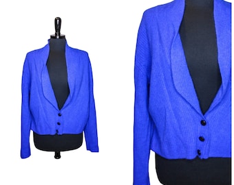 Vintage Evan Picone Blue Cardigan Sweater Lambswool Angora Rabbit Size M Retro 80s 90s