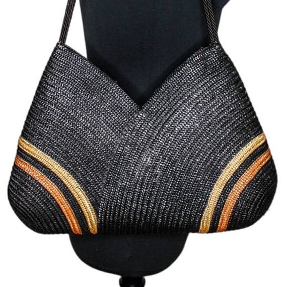 Vintage Mantessa Straw Shoulder Bag Purse Black B… - image 2