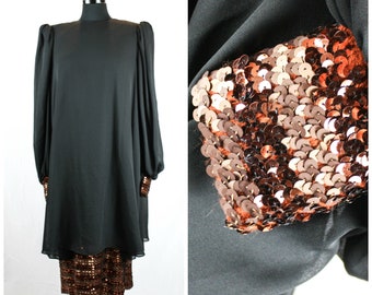 Vintage 80s Chez California By Tandy Dress Evening Cocktail Black Flowing Brown Sequins Padded Shoulders Size 16W 1980s