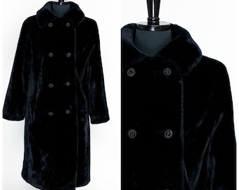 Vintage Black Faux Fur Coat Fairmoor Borganzia Double Breasted Winter Coat 60s 1960s Retro