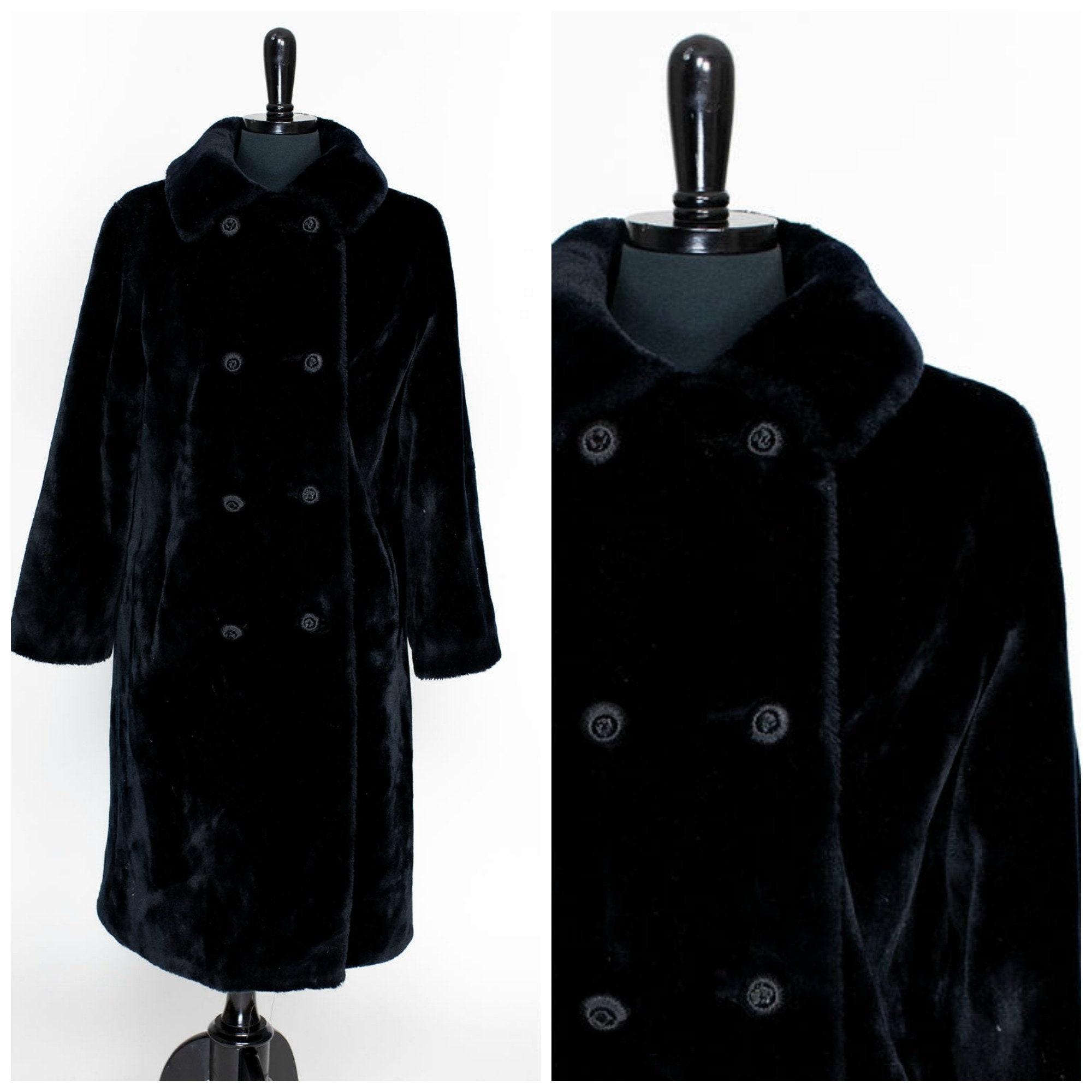 Vintage Black Faux Fur Coat Fairmoor Borganzia Double Breasted Winter Coat  60s 1960s Retro