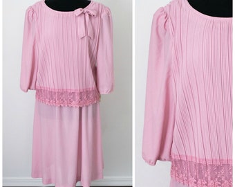 Vintage Good Times Dress Pink Pleated Top Bow Lace Original Tags Size 12 Retro