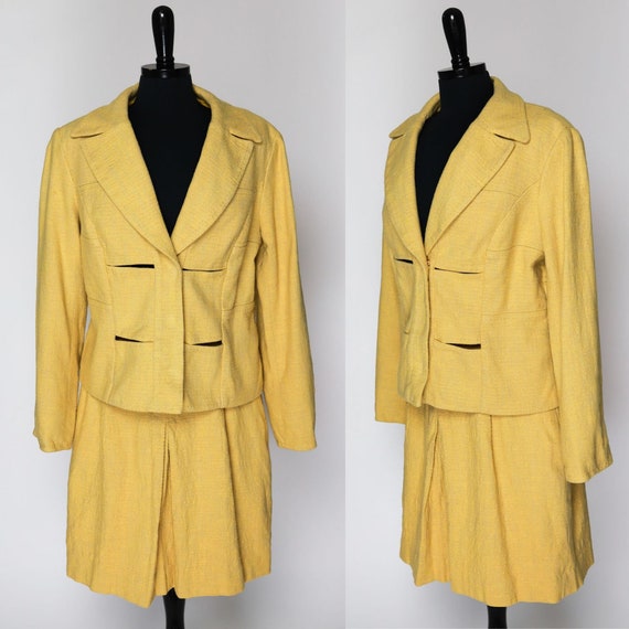 Vintage 90s Skirt Suit Yellow Cotton Linen Two Pi… - image 1