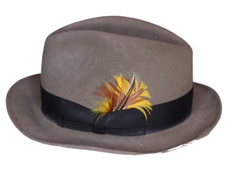 Vintage Stetson Fedora Prawdziwe futro Filc Szary Pióro Szczegóły Czarna wstążka Rozmiar 7 1/8