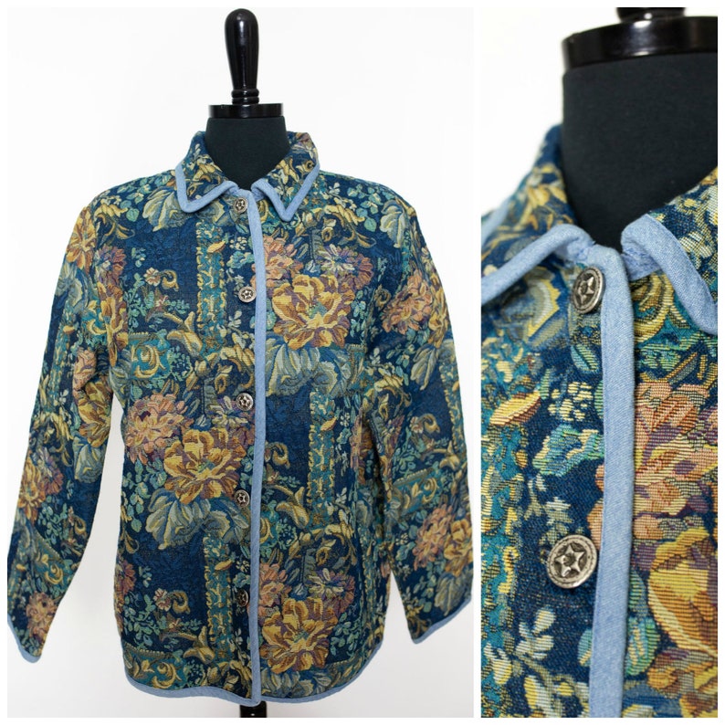 Vintage 90s Tapestry Blazer Jacket Top BFA Classics Blue Tan Brown Green Floral Button Up Retro 1990s Size XL