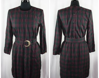 Vintage 80s Clues Collections Vestido a cuadros con cinturón falda plisada púrpura verde manga larga Retro 1980s