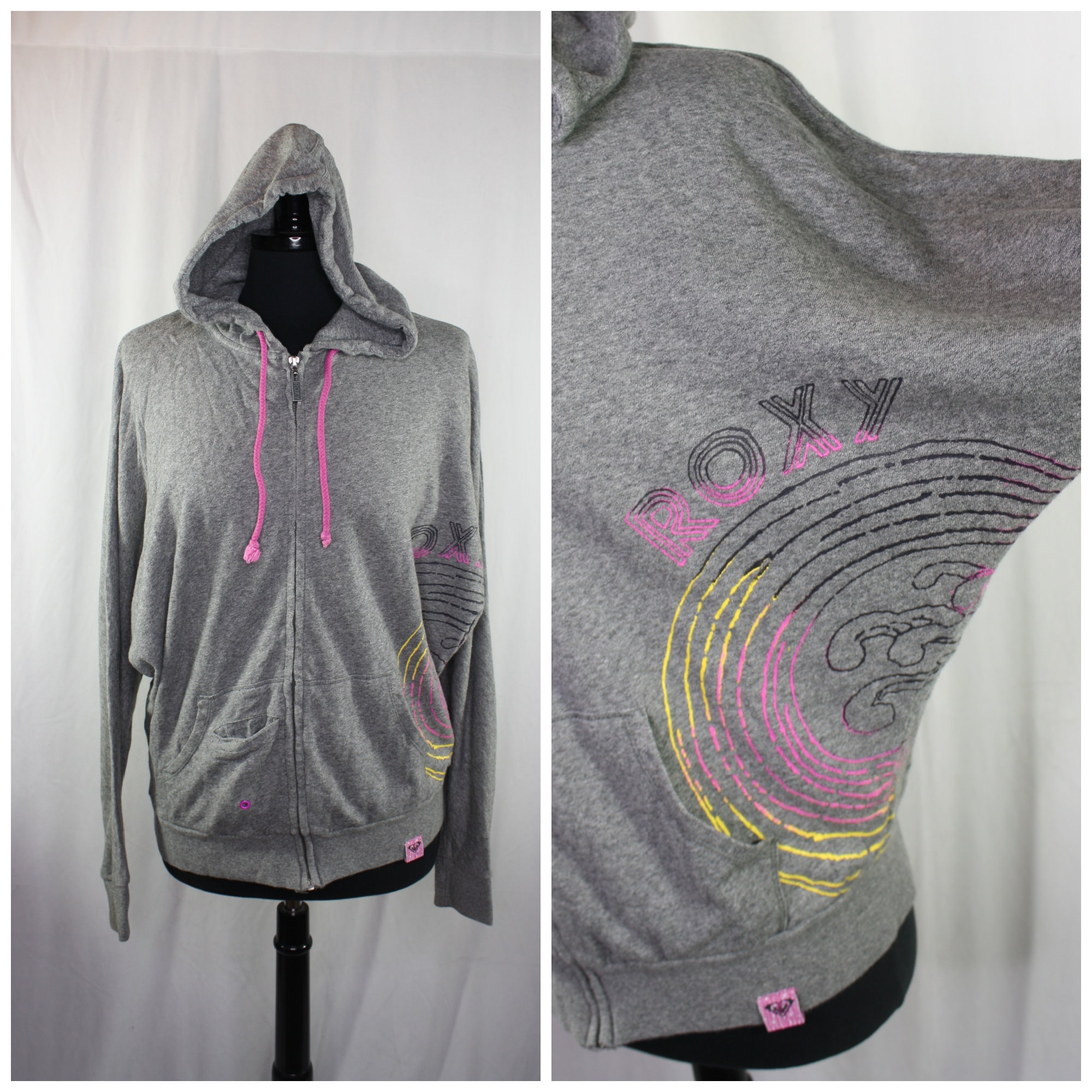 Vintage Roxy Hooded Sweatshirt Full Zip Hoodie Grey Pink Yellow Dolman  Sleeve Size L Retro 90s Y2K - Etsy Finland