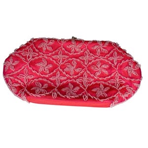 Cartera de mano vintage con cuentas rosas de Cavanagh, con asa de cadena líquida opcional, bolso de tela de mediados de siglo para eventos de noche