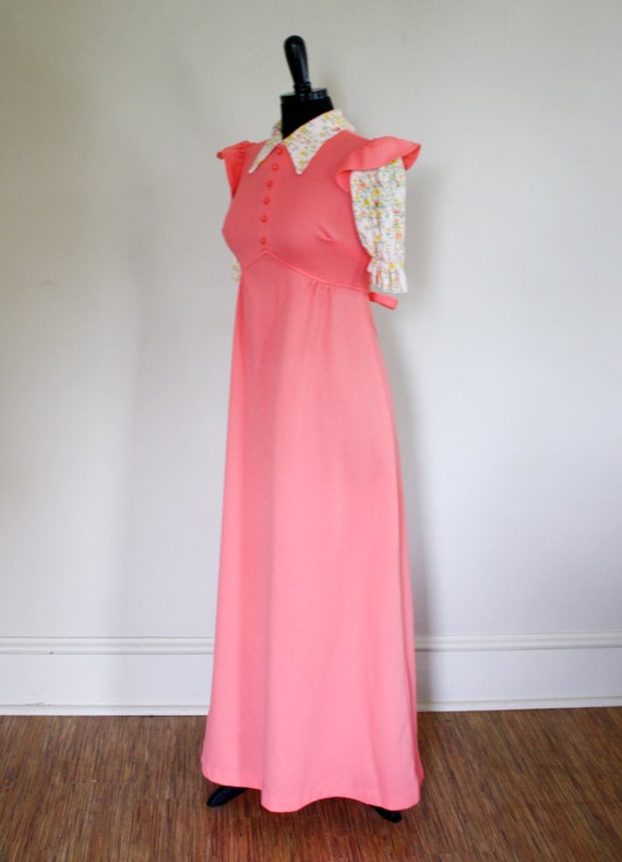 Vintage 1960s Maxi Dress Coral Peach Polyester Fl… - image 2