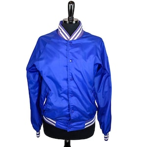 Vintage 80s Nylon Sports Jacket Lined Metal Snaps Striped Trim Blue White Baseball Retro Activewear 1970s 1980s