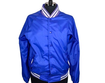 Vintage 80s Nylon Sports Jacket Lined Metal Snaps Striped Trim Blue White Baseball Retro Activewear 1970s 1980s