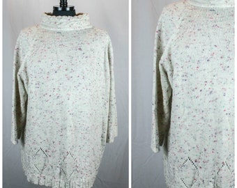 Vintage 80s Stefano Sweater High Neck White Confetti Pink Green Purple Oversized One Size 1980s 90s