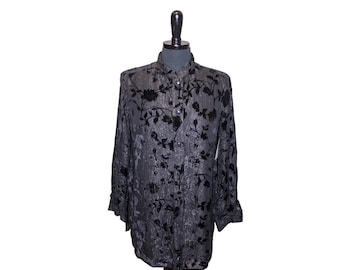 Vintage 90s Jaclyn Smith Blouse Black Burn Out Velvet Glitter Layered Button Up Band Collar Goth Whimsygoth Dark Romance Size M NWT