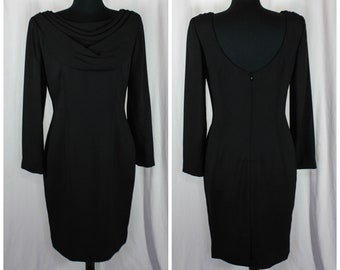 Vintage Arnold Scaasi Dress Black Long Sleeve Draped Neckline Size 10 Retro Cocktail Dress