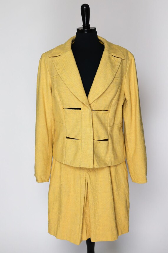 Vintage 90s Skirt Suit Yellow Cotton Linen Two Pi… - image 7