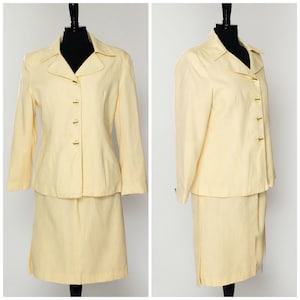 Vintage Oleg Cassini Skirt Suit Pale Yellow 90s Pastel Yellow Two Piece Blazer Skirt Power Suit Clear Plastic Buttons